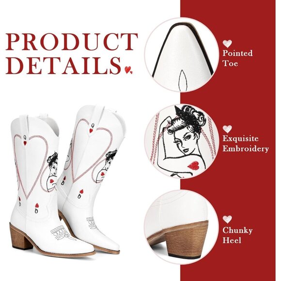 🆕Women White Faux Leather Mid Calf Cowboy with Queen of Hearts Embroidery Boots - Picture 6 of 8